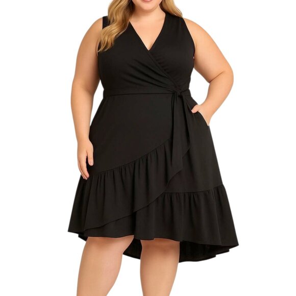 Universal Standard Black Tiered Ruffle Sleeveless Jersey Wrap Dress Size 6X NWT - Picture 1 of 12